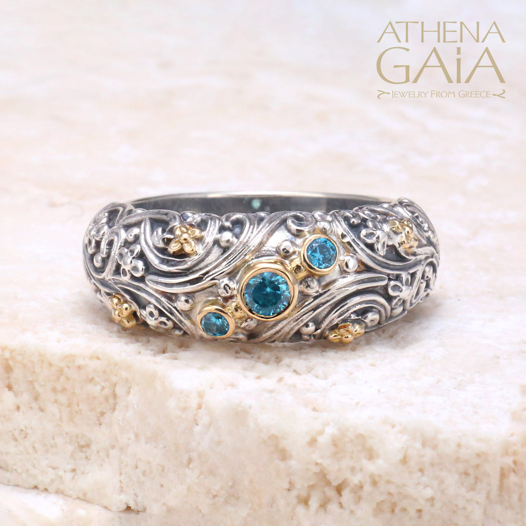 Meadow Breeze Stone Path Floral Band Ring - 18k Gold & Sterling Silver Ring - Stackable Ring