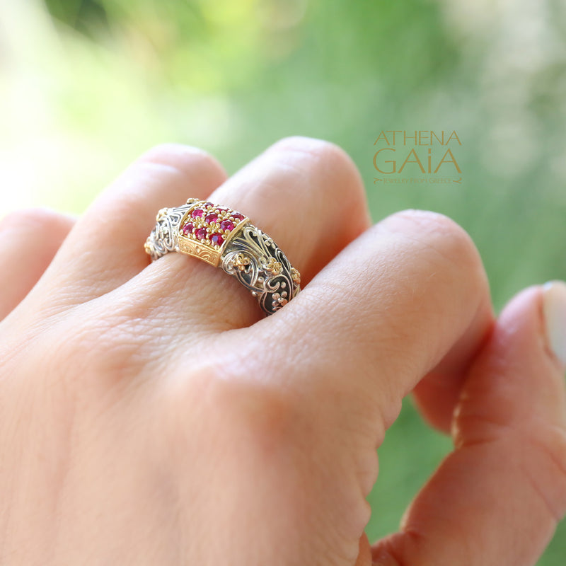 Meadow Breeze Stone Field Band Ring - 18k Gold & Sterling Silver Ring - Stackable Ring