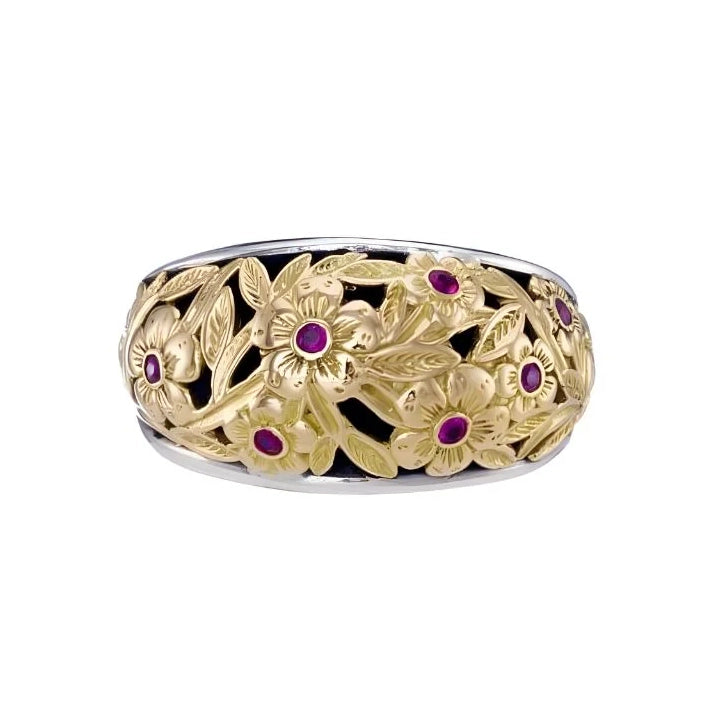 Meadow Shadows Golden Rubies Ring - 18k Gold & Sterling Silver Ring - Cigar Band Ring