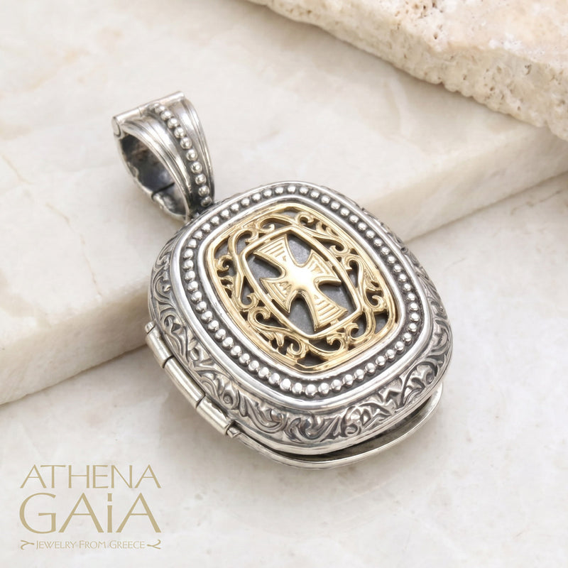 Gold Faced Barrel Locket Pendant - 18k Gold & Sterling Silver Pendant