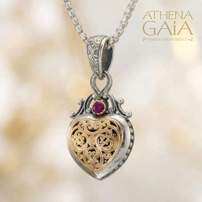 Roxana Heart with Ruby Pendant - 18k Gold & Sterling Silver Pendant