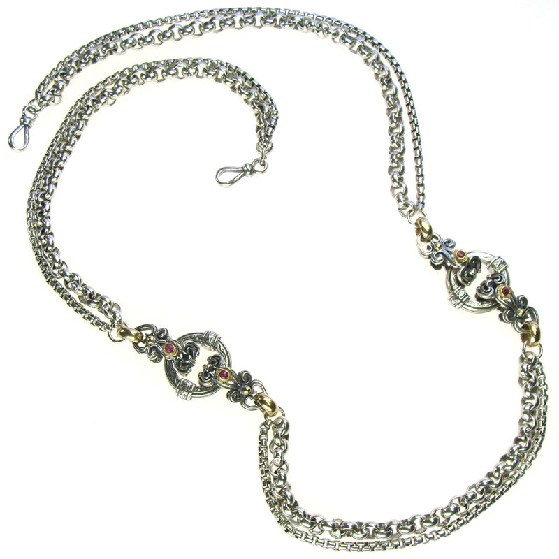 Gold Link Circle Station with Rubies Necklace - 18k Gold & Sterling Silver Necklace