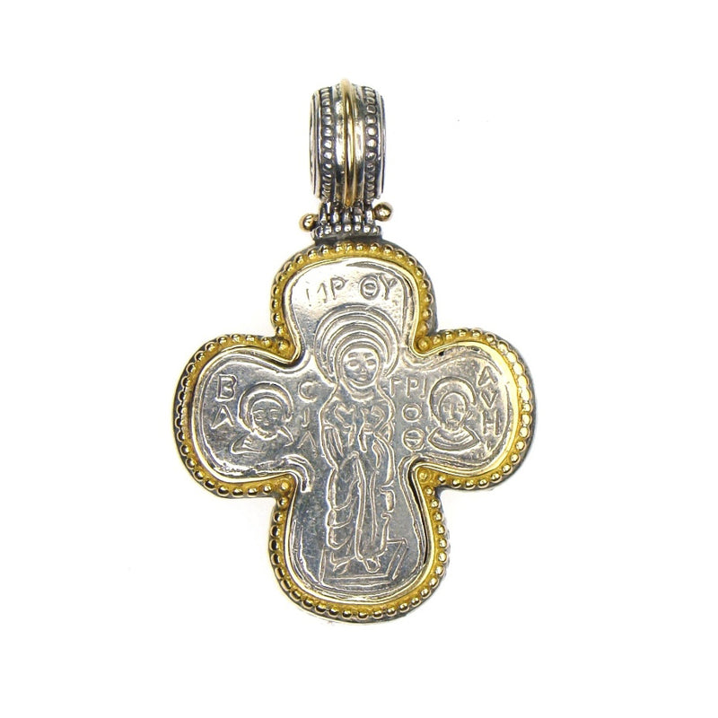 Gold Border Mother Mary Greek Cross - 18k Gold & Sterling Silver - Orthodox Cross