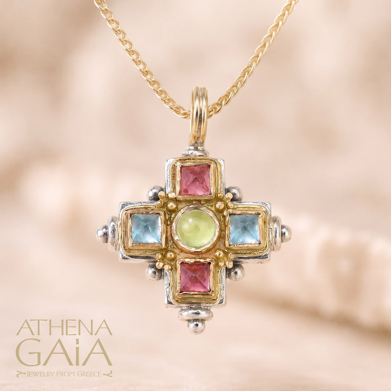 Aegean Stone Cross - 18k Gold & Sterling Silver - Greek Cross Necklace