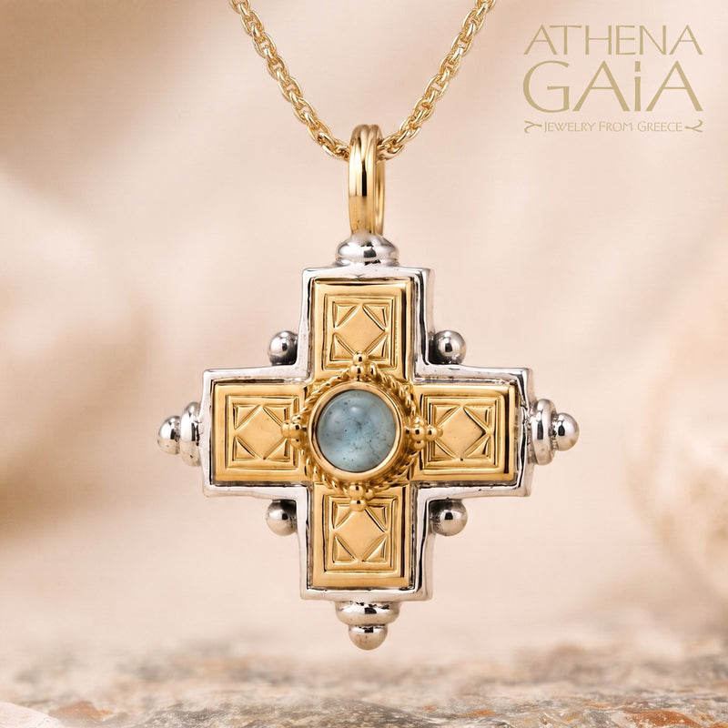 Rustic Stone Cross (Large) - 18k Gold & Sterling Silver - Greek Cross Necklace