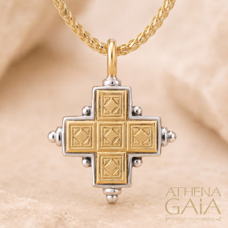 Rustic Cross (Large) - 18k Gold & Sterling Silver - Greek Cross Necklace