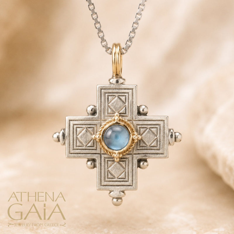 Rustic Silver Stone Cross (Large) - Sterling Silver & 18k Gold - Greek Cross Necklace