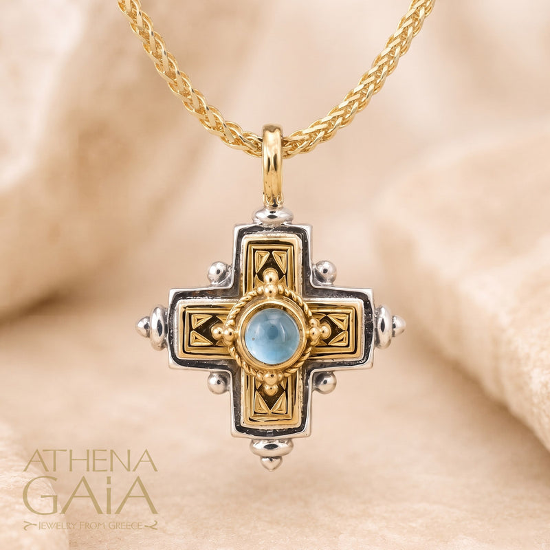 Rustic Stone Cross (Small) - 18k Gold & Sterling Silver - Greek Cross Necklace