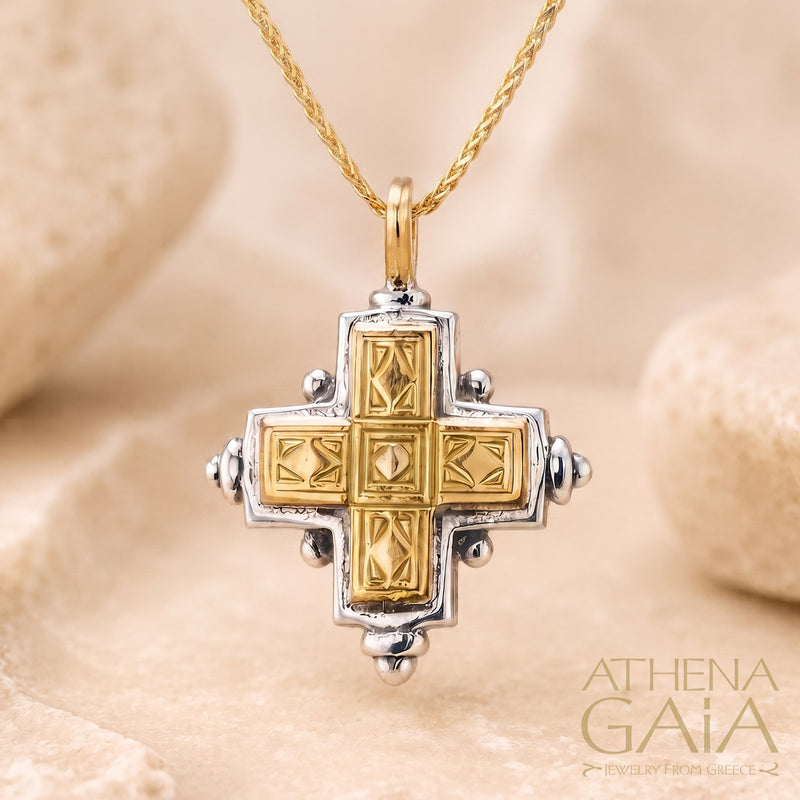 Rustic Cross (Small) - 18k Gold & Sterling Silver - Greek Cross Necklace