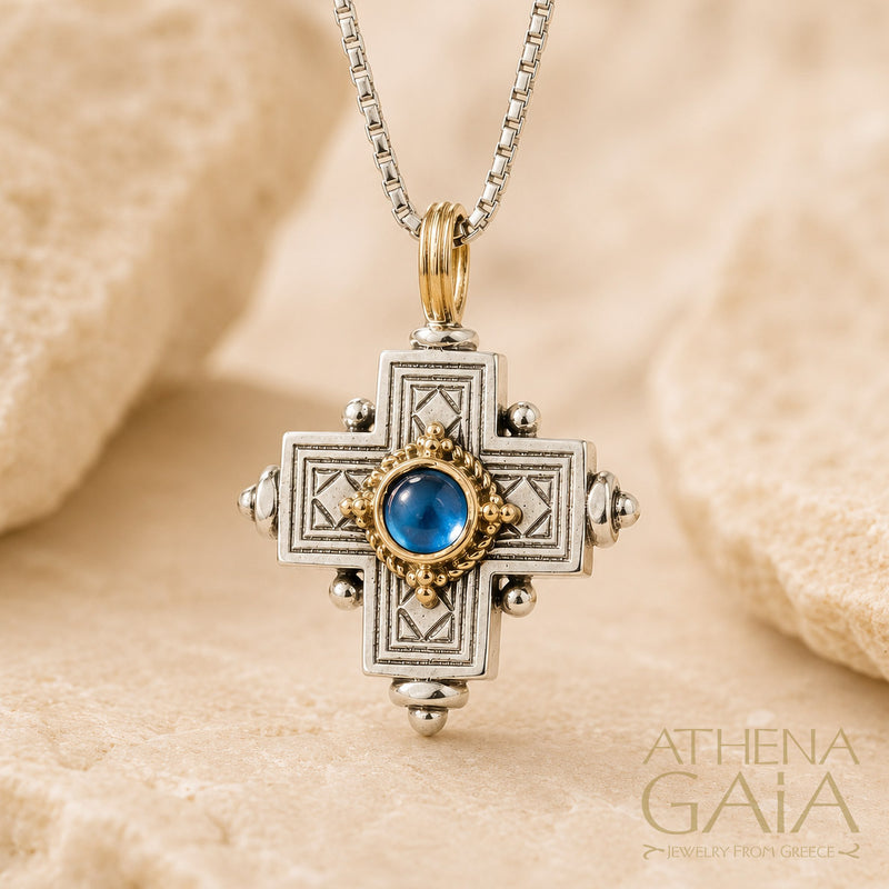 Rustic Silver Stone Cross (Small) - 18k Gold & Sterling Silver - Greek Cross Necklace