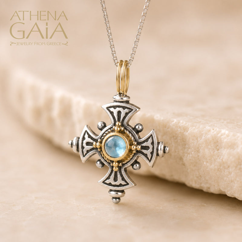 The Silver Stone Maltese Cross (Small)- 18k Gold & Sterling Silver - Cross Necklace