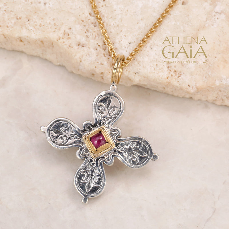 Rounded Fleury Greek Cross - 18k Gold & Sterling Silver - Greek Cross
