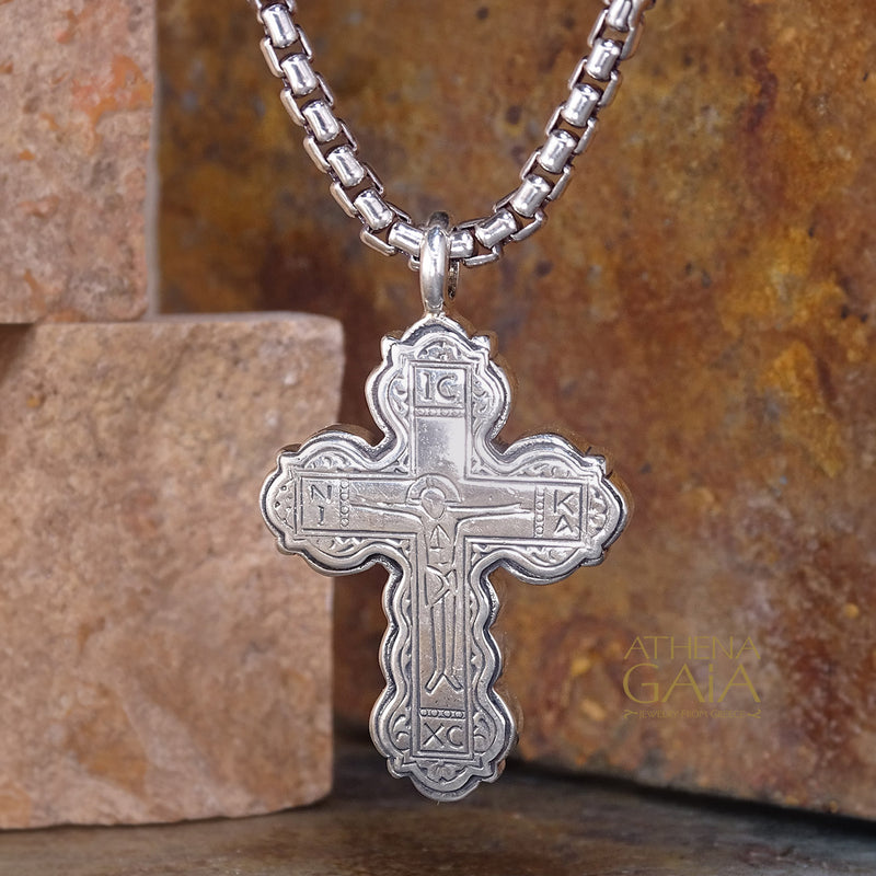 Orthodox Baptism cross with IC XC NI KA symbols in all silver with silver chain