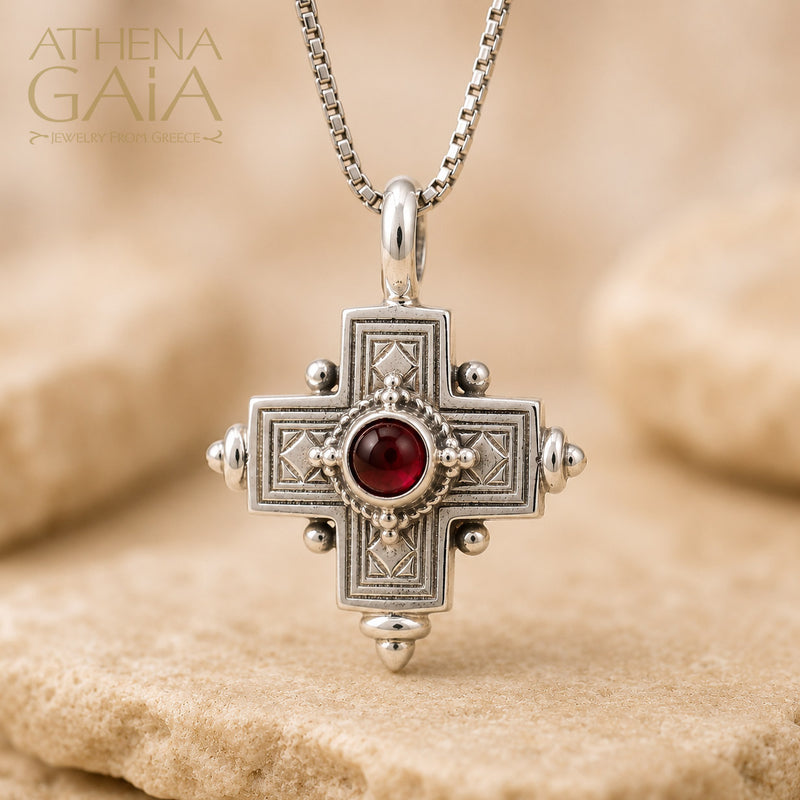 Rustic Silver Stone Cross (Small) - Sterling Silver - Greek Cross Necklace