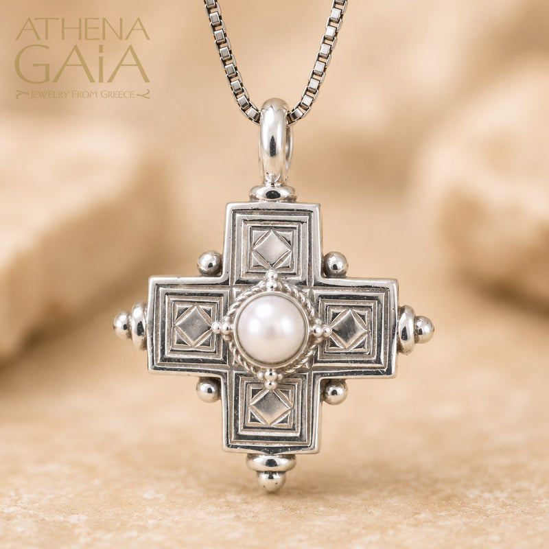 Rustic Silver Stone Cross (Large) - Sterling Silver - Greek Cross Necklace