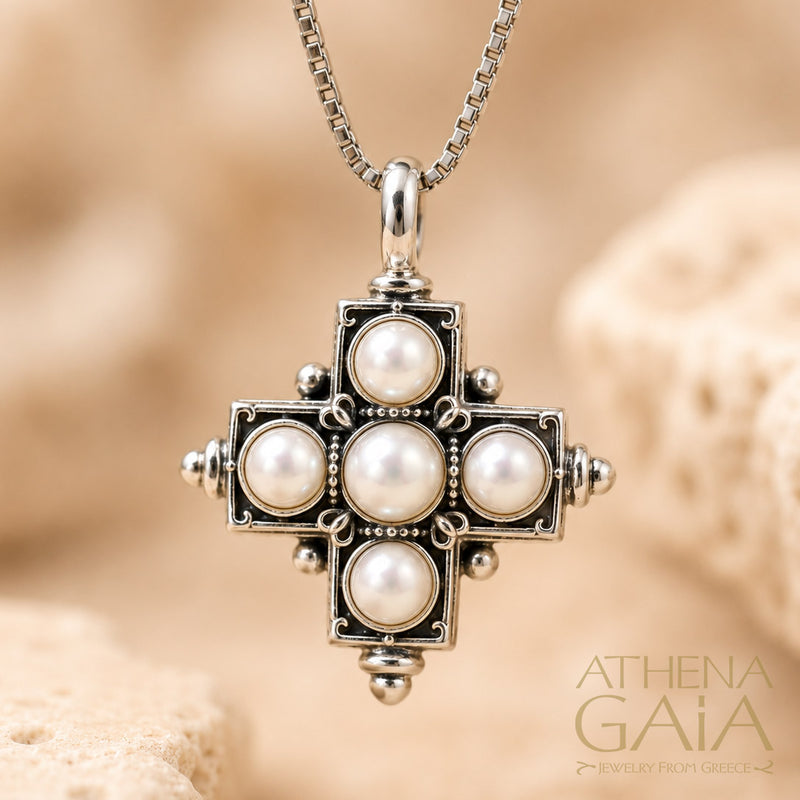 Rustic Silver Five Pearl Cross (Large) - Sterling Silver - Greek Cross Necklace