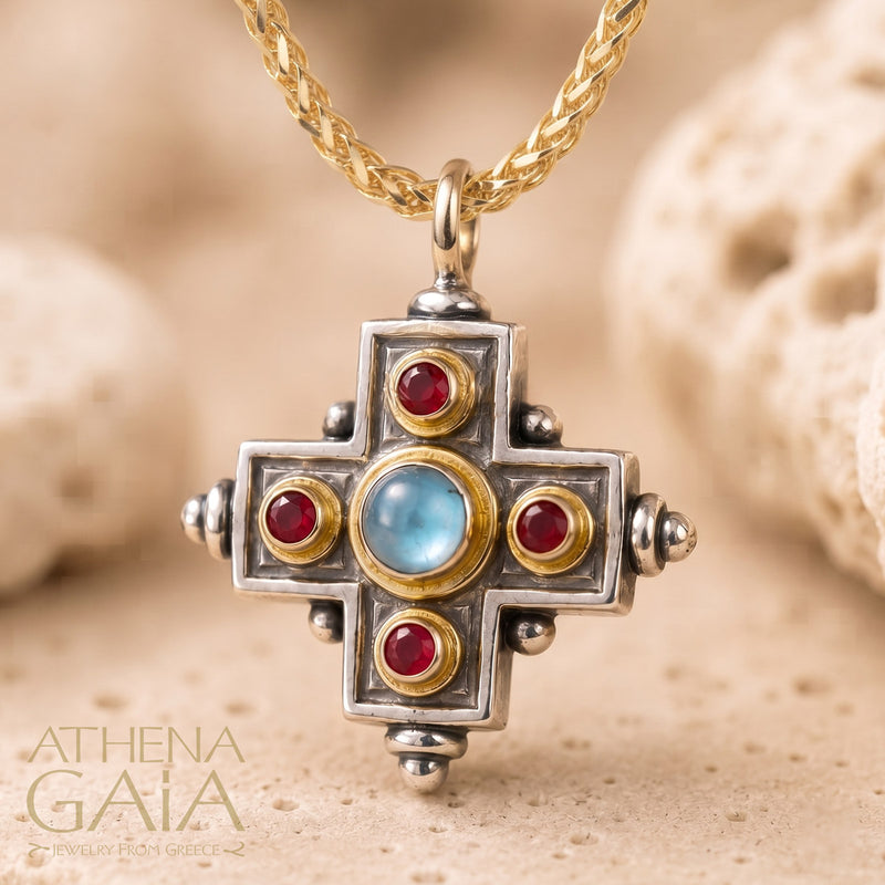 Rustic Five Stone Cross (Large) - 18K Gold & Sterling Silver - Greek Cross Necklace