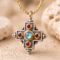 Rustic Five Stone Cross (Large) - 18K Gold & Sterling Silver - Greek Cross Necklace