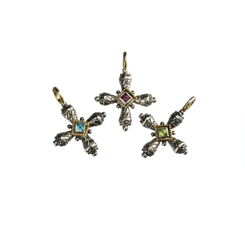 Mini Etched Pomme Cross - 18k Gold & Sterling Silver - Greek Cross Necklace