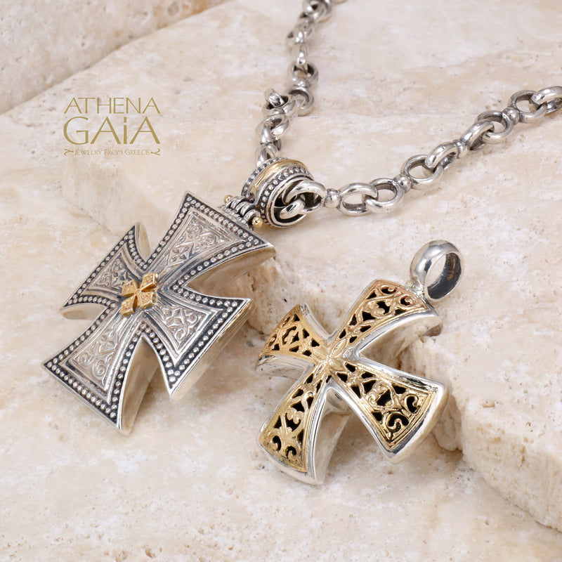 Garden Shadows Filigree Cross Necklace - 18k Gold & Sterling Silver  - Maltese Cross