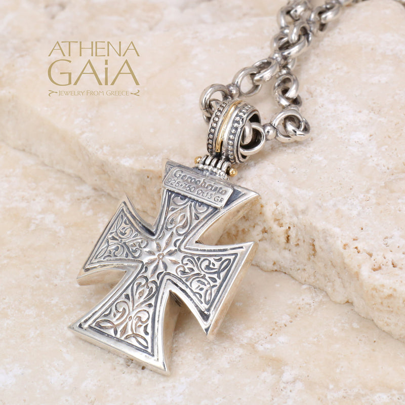 Maltese in Maltese Cross Necklace - 18k Gold and Sterling Silver - Cross Necklace