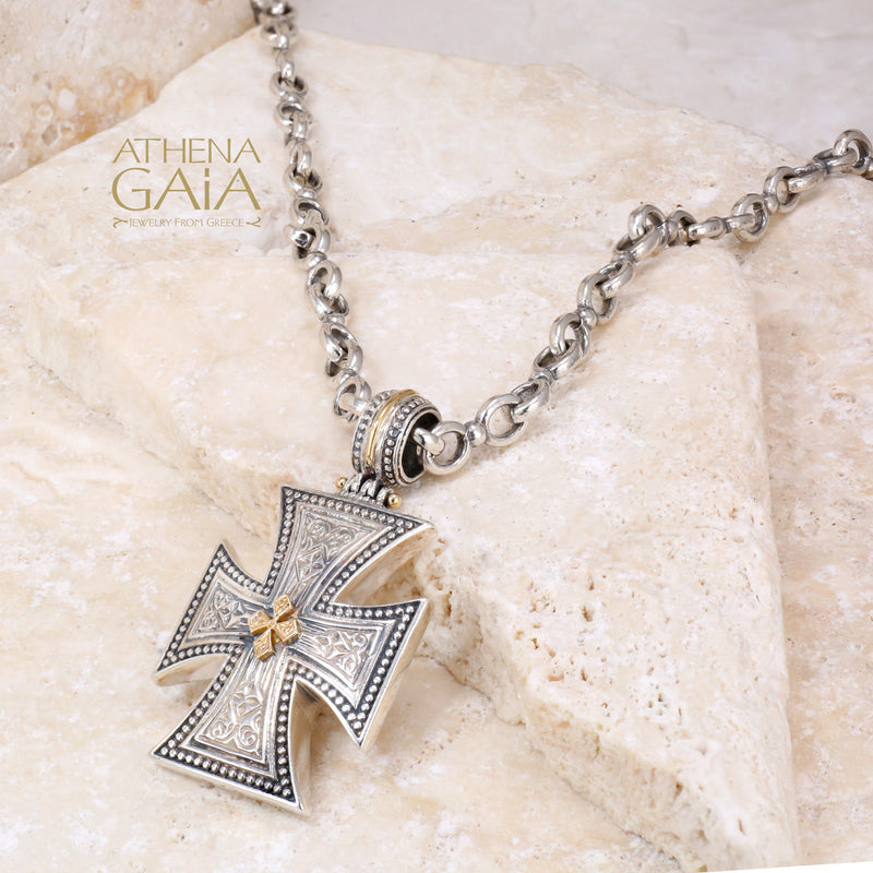 Maltese in Maltese Cross Necklace - 18k Gold and Sterling Silver - Cross Necklace
