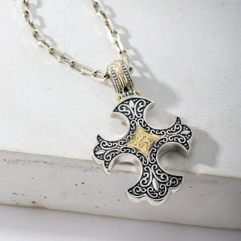 Patmos Gold Center Flared Cross - 18k Gold and Sterling Silver - Cross Necklace