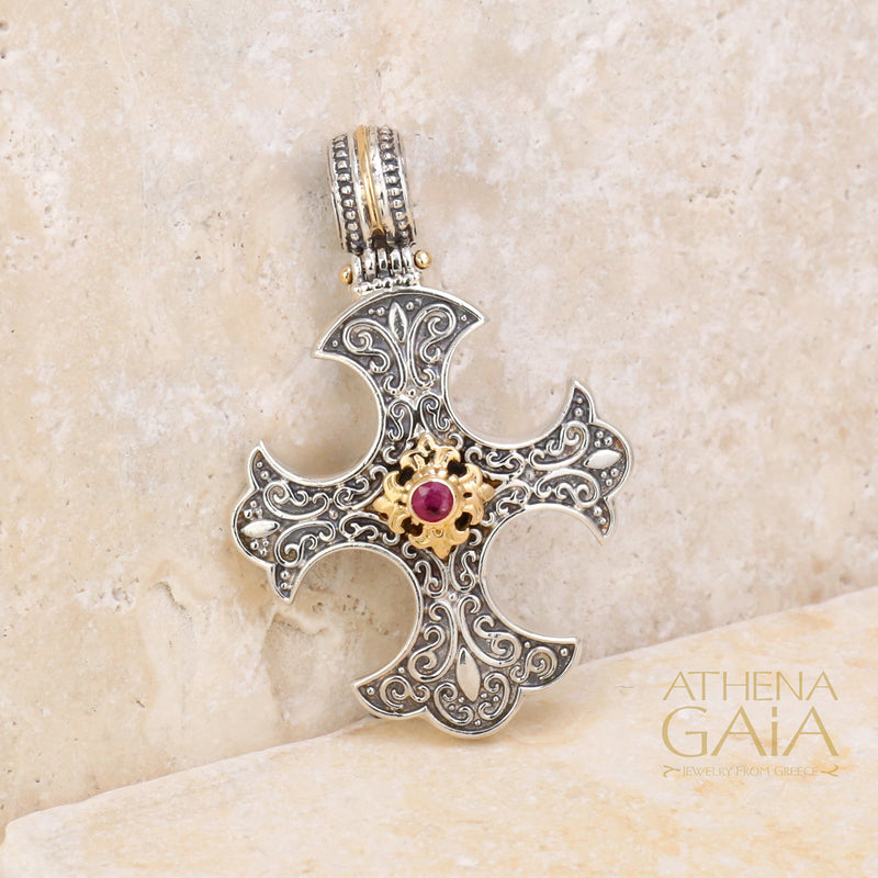 Ruby Center Flared Western Cross - 18k Gold and Sterling Silver - Cross Necklace