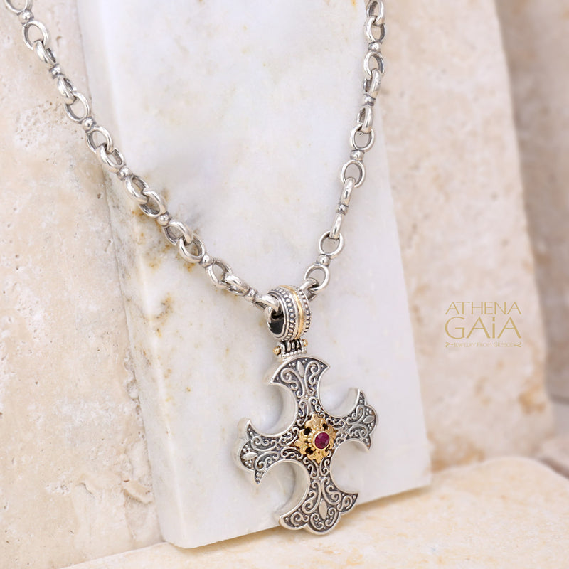 Ruby Center Flared Western Cross - 18k Gold and Sterling Silver - Cross Necklace