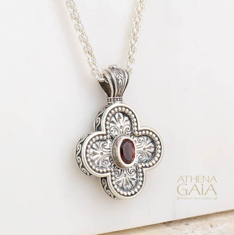 Rounded Greek Cross - Sterling Silver with Center Stone - Orthodox Cross Necklace