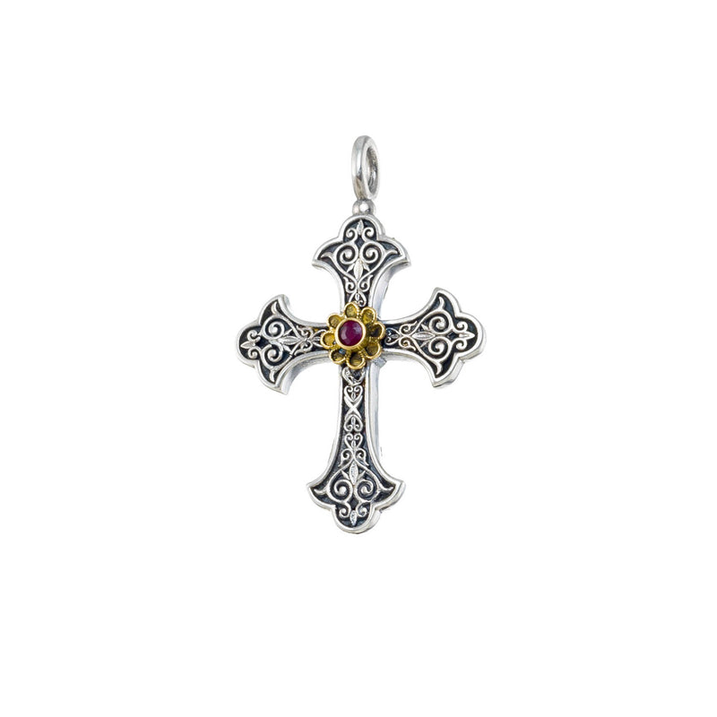 Aretousa Silver Faced Flower Bezel Orthodox Cross (Large) - 18k Gold & Sterling Silver