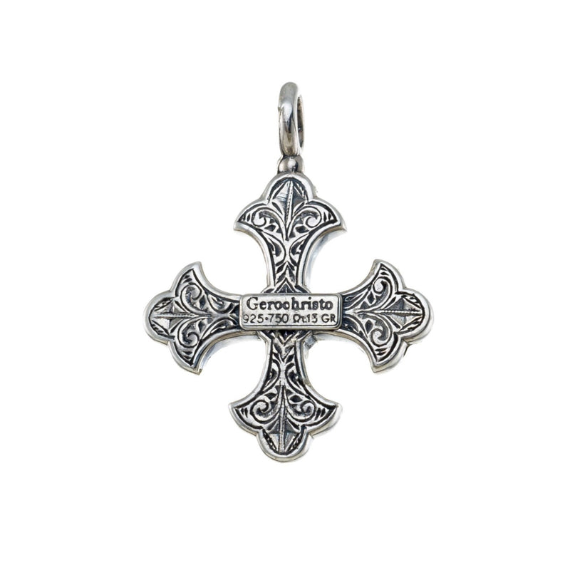 Aretousa Silver Faced Flower Bezel Greek Cross (Large) - 18k Gold & Sterling Silver - Orthodox Cross