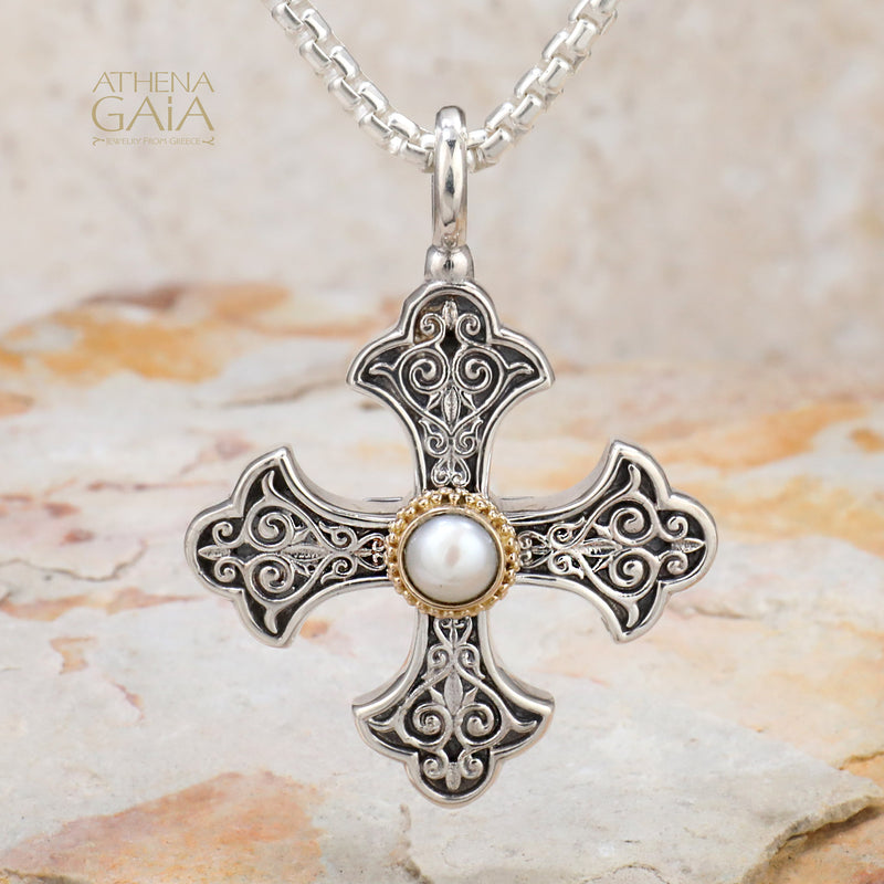 Aretousa Silver Faced Pearl Greek Cross (Large) - 18k Gold & Sterling Silver - Orthodox Cross