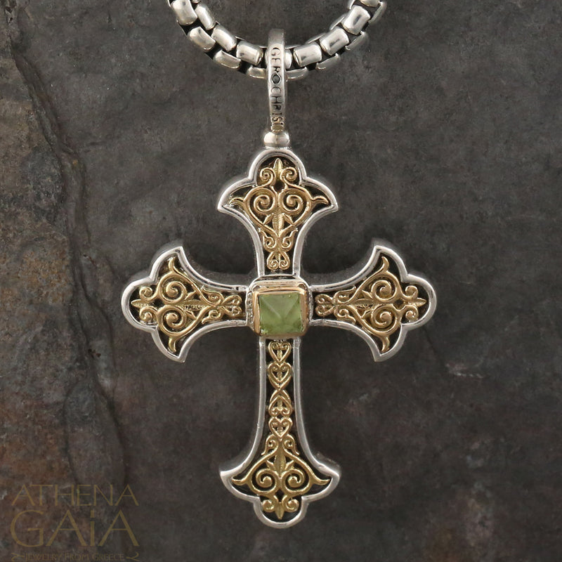 Aretousa Stone Fleury Cross (Medium) - 18k Gold & Sterling Silver - Orthodox Cross