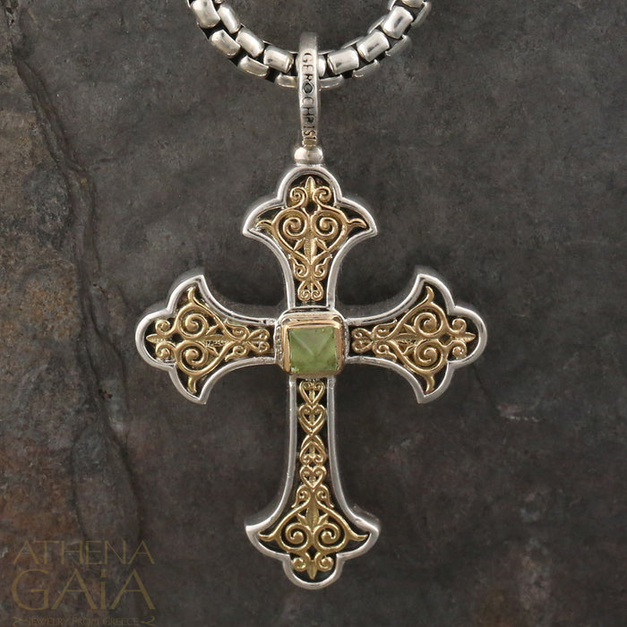 Aretousa Stone Fleury Cross (Medium) - 18k Gold & Sterling Silver - Orthodox Cross