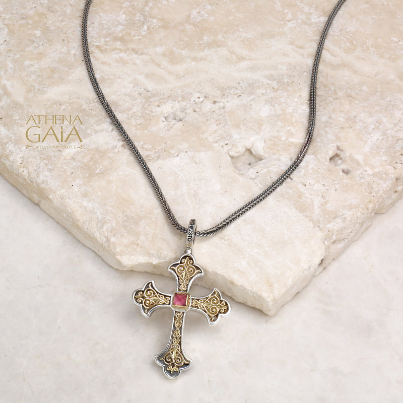 Aretousa Stone Fleury Cross (Medium) - 18k Gold & Sterling Silver - Orthodox Cross