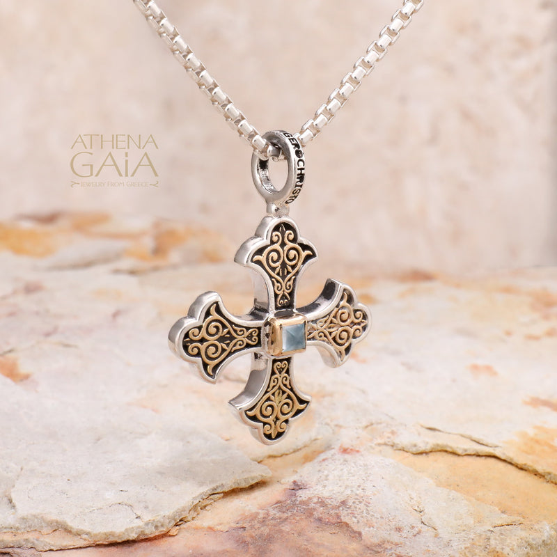 Aretousa Square Bezel Greek Cross (Medium) - 18k Gold & Sterling Silver - Orthodox Cross