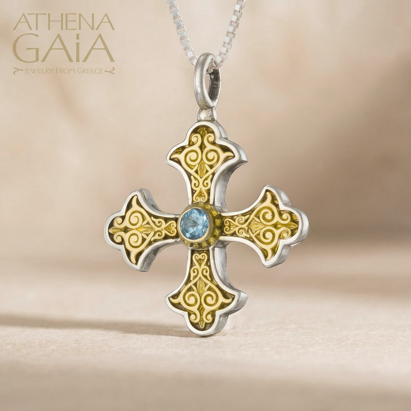 Aretousa Fleury Topaz Greek Cross (Small) - 18k Gold & Sterling Silver - Orthodox Cross