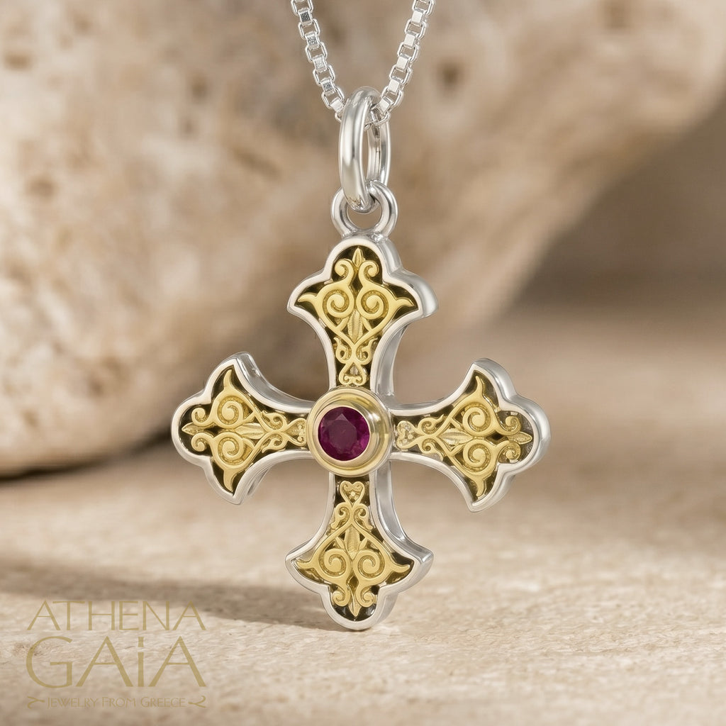 Aretousa Gold Faced Circle Bezel Greek Cross (Small) - 18k Gold & Sterling Silver - Orthodox Cross