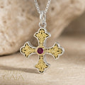 Aretousa Gold Faced Circle Bezel Greek Cross (Small) - 18k Gold & Sterling Silver - Orthodox Cross