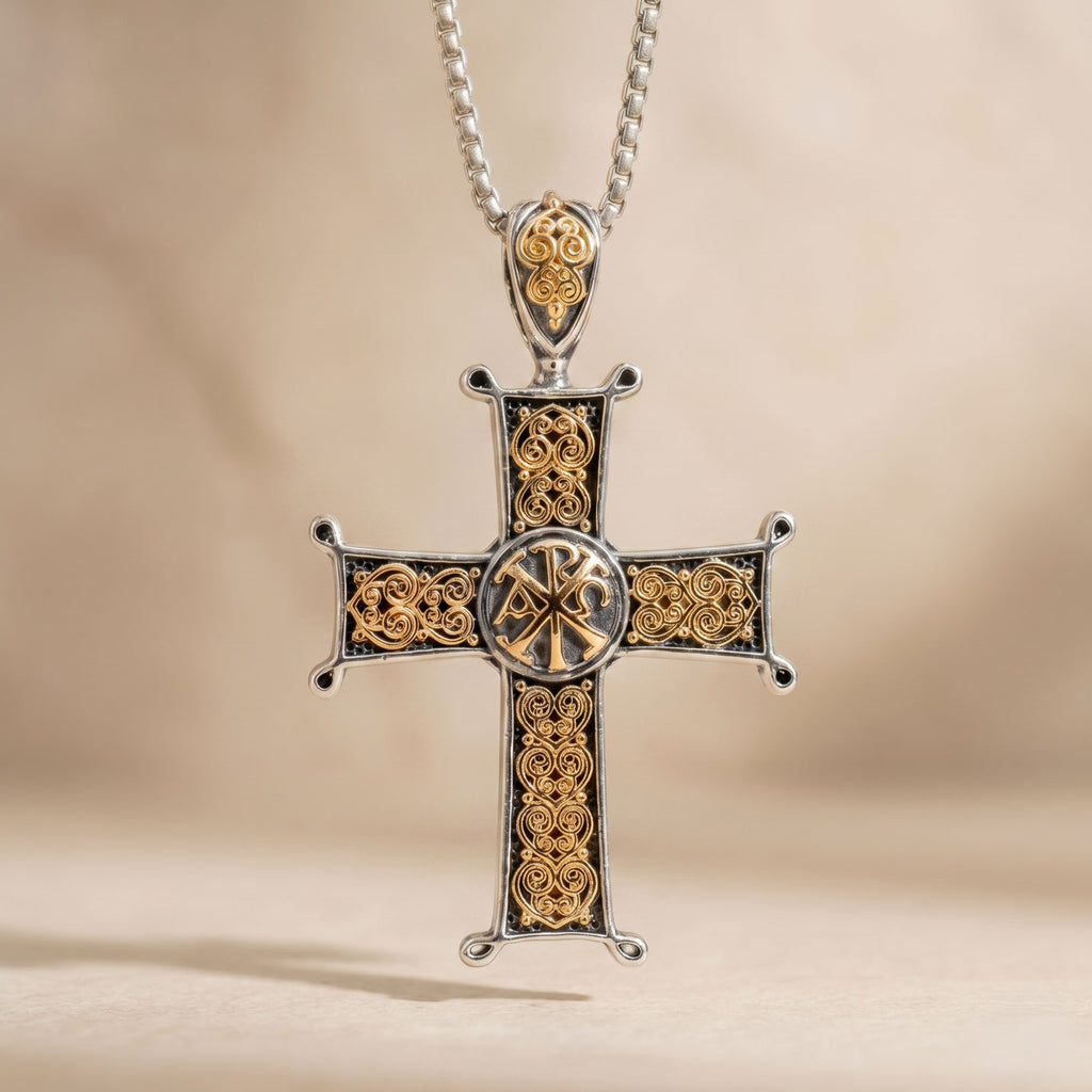 Aretousa Chi Rho Latin Cross (Small) - 18k Gold & Sterling Silver - Cross Necklace