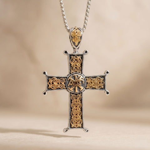 Aretousa Chi Rho Latin Cross (Small) - 18k Gold & Sterling Silver - Cross Necklace
