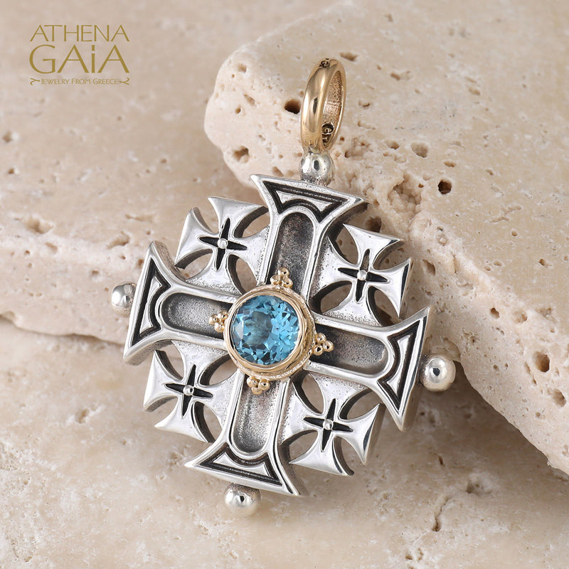Jerusalem Cross (Large) - 18k Gold & Sterling Silver - Crusader Cross Necklace