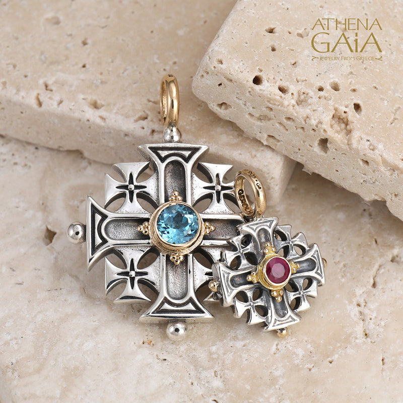 Jerusalem Cross (Large) - 18k Gold & Sterling Silver - Crusader Cross Necklace
