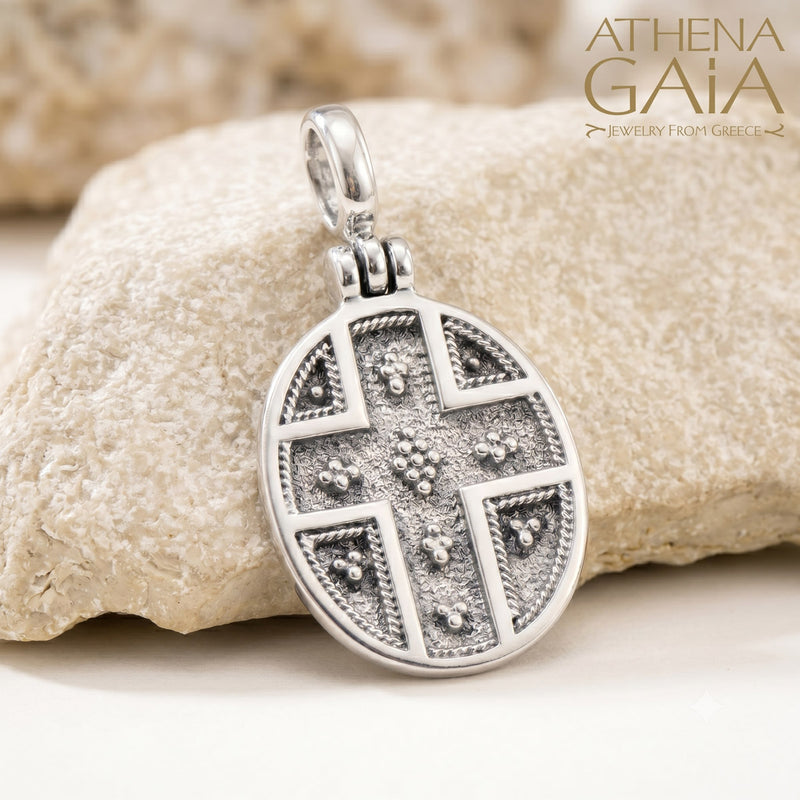 Byzantine Oval Konstantinata - Sterling Silver - Greek Cross