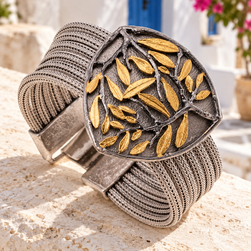 Softri Olive Tree Bracelet (Large) - Gold Plated Sterling Silver - Cuff Bracelet