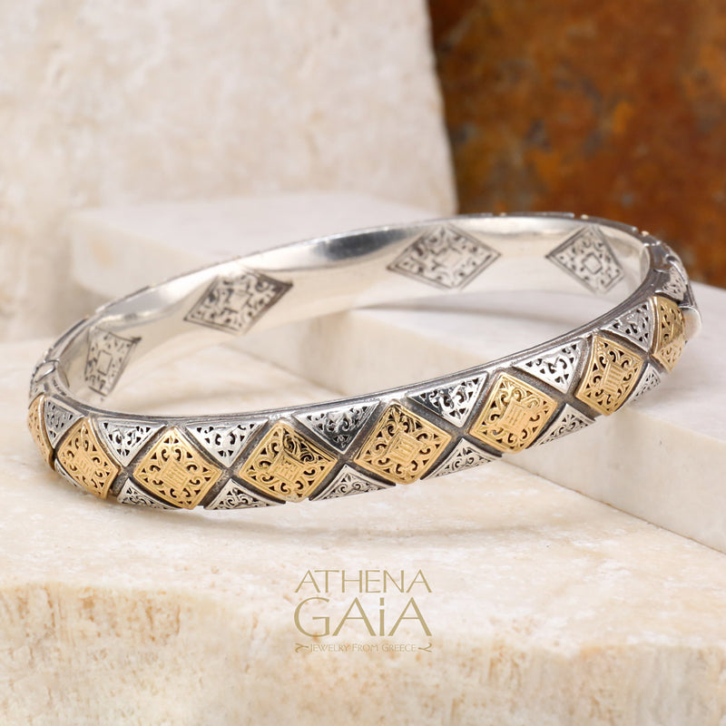 Byzantine Checker Bracelet - 18k Gold and Sterling Silver - Hinged Bangle Bracelet