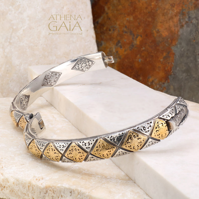 Byzantine Checker Bracelet - 18k Gold and Sterling Silver - Hinged Bangle Bracelet