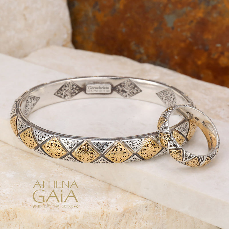 Byzantine Checker Thin Ring - 18k Gold & Sterling Silver Ring - Cigar Band Ring