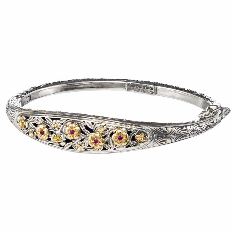 Wild Flowers Blossom Bracelet - 18k Gold and Sterling Silver - Hinged Bangle Bracelet